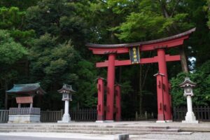 弥彦神社。自然に囲まれた静かな神社の象徴的な鳥居。